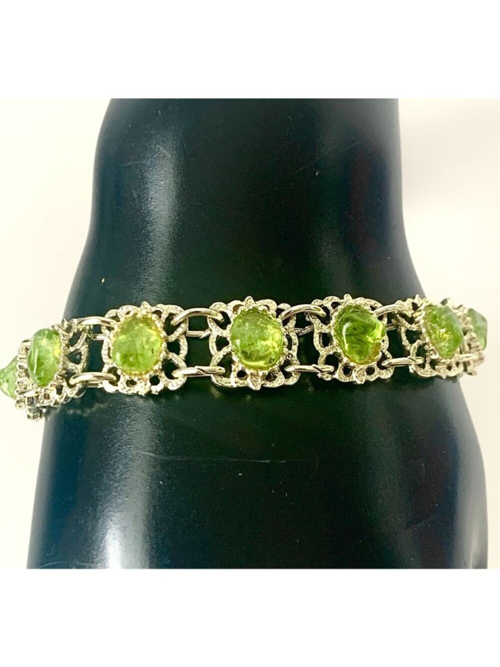 Vintage Green Peridot Cabochons Gold Tone Bracelet